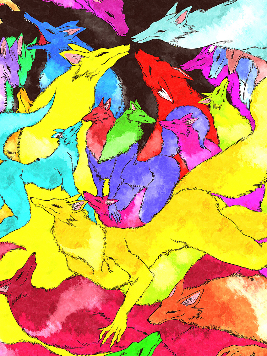 canine colorful fire_bringer fox kitsune multiple_heads multiple_tails tail taste_the_rainbow 叙火