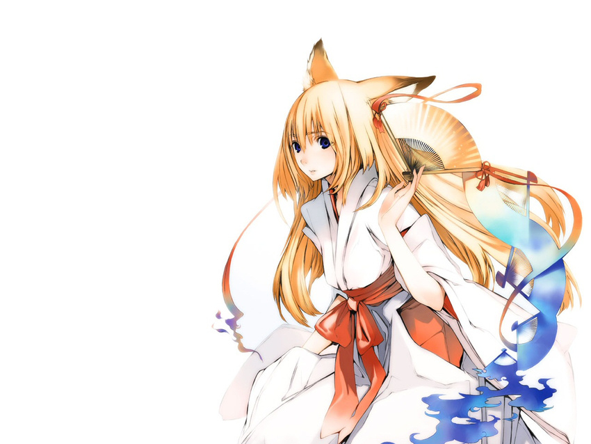 animal_ears blonde_hair blue_eyes fan folding_fan fox_ears houden_eizou japanese_clothes long_hair miko simple_background solo tenko_kuugen wagaya_no_oinari-sama