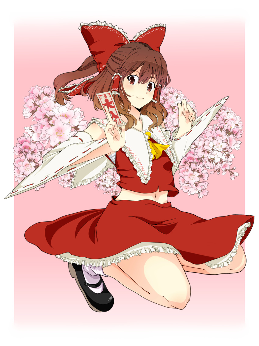 ascot bajinappo bow brown_eyes brown_hair cherry_blossoms detached_sleeves flower frills full_body hair_bow hair_ribbon hair_tubes hakurei_reimu highres huge_bow kneeling mary_janes midriff navel necktie ofuda ponytail ribbon sarashi shoes short_hair sidelocks skirt skirt_set smile socks solo touhou white_legwear yellow_neckwear