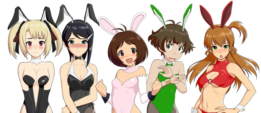 4girls akizuki_ryou animal_costume animal_ears antenna_hair blonde_hair blush brown_hair bunny_boy bunny_ears bunny_girl bunnysuit collaboration crossdressing dearly_stars freckles green_eyes hidaka_ai highres idolmaster idolmaster_dearly_stars long_hair mizutani_eri multiple_girls otoko_no_ko pantyhose red_eyes sakurai_yumeko short_hair suzuki_ayane terra_tiger transparent_background twintails yugami