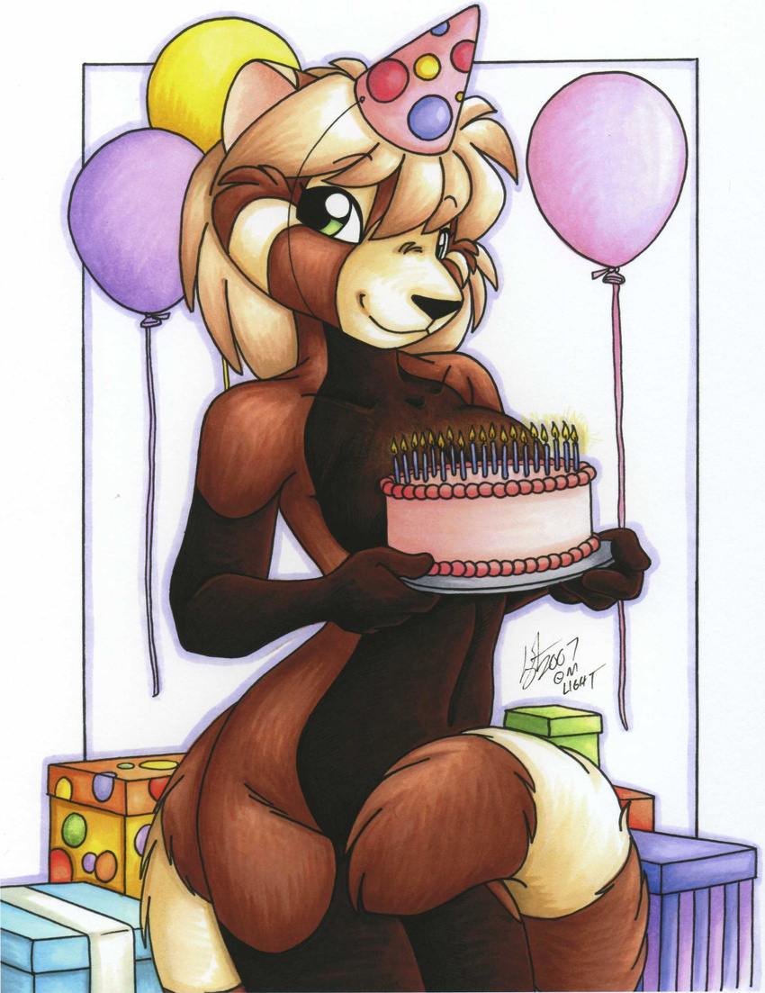 balloon birthday cake candle covering covering_self female food gift green_eyes hat hi_res looking_at_viewer mammal michele_light nude red_panda solo