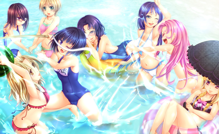 armpits bikini bokken breasts cameltoe cleavage food frilled_bikini frills front-tie_top fruit innertube kickboard medium_breasts miya_(pure_lemon) multiple_girls navel one-piece_swimsuit one_eye_closed school_swimsuit side-tie_bikini small_breasts splashing suikawari swimsuit sword umbrella watermelon weapon wooden_sword