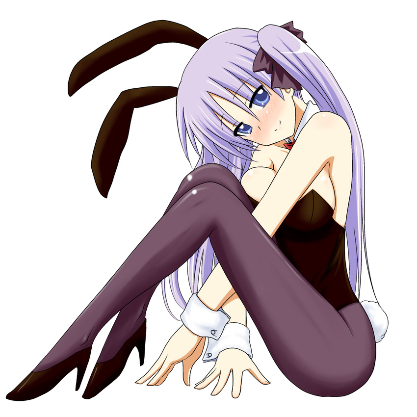 animal_ears bad_id bad_pixiv_id bare_shoulders blue_eyes blush breast_press breasts bunny_ears bunnysuit collarbone full_body hair_ribbon high_heels highres hiiragi_kagami large_breasts legs long_hair lucky_star pantyhose purple_hair ribbon shoes simple_background smile solo take_(shokumu-taiman) tsurime twintails