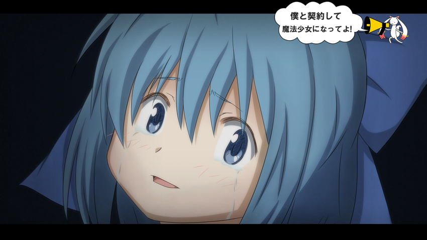 bad_id bad_pixiv_id blue_eyes blue_hair bow chidejika cirno close-up face hair_bow i'm_such_a_fool kyubey letterboxed mahou_shoujo_madoka_magica make_a_contract megaphone miki_sayaka nab open_mouth parody sad shirotama_inari tears touhou translated