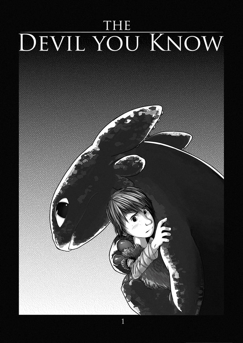 big_eyes comic dragon embrace english_text feral greyscale hiccup hiccup_(httyd) how_to_train_your_dragon hug human lando looking_at_viewer male mammal monochrome night_fury scalie text the_devil_you_know toothless