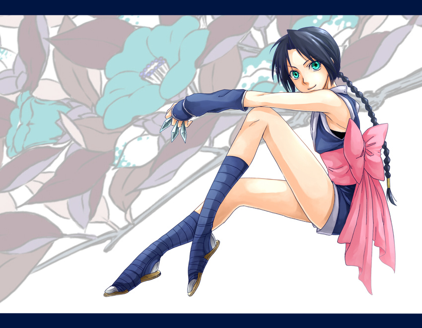 black_hair braid female full_body girasolem green_eyes k_hearts kunai long_hair makimachi_misao rurouni_kenshin sandals single_braid sitting solo weapon white_background