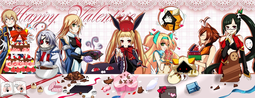 6+girls animal_ears arakune bad_id bad_pixiv_id blazblue cake chocolate food gii happy_valentine heart heart-shaped_cake heart-shaped_food jin_kisaragi jubei_(blazblue) lao_jiu litchi_faye_ling makoto_nanaya multiple_girls nago noel_vermillion nu-13 platinum_the_trinity quad_tails rachel_alucard shii_(niku-9) squirrel_ears taokaka two_side_up valentine