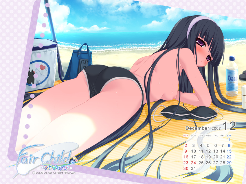 barefoot beach bikini black_hair breasts calendar fair_child kagami_sakuya long_hair nimura_yuushi nipples purple_eyes swimsuit