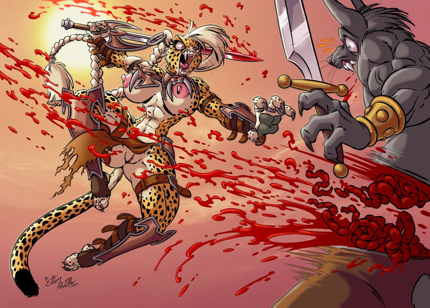 battle big_breasts blood breasts canine cheetah disembowelment eltonpot feline female fierce gaping_maw guro guts leap male nude open_mouth pussy snistrtaz sword torn_clothing unconvincing_armour weapon