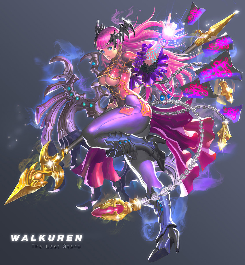 armor bad_id bad_pixiv_id blue_eyes boots breasts center_opening cleavage high_heels highres kilart magic medium_breasts original pink_hair polearm shoes solo spear underboob weapon wings