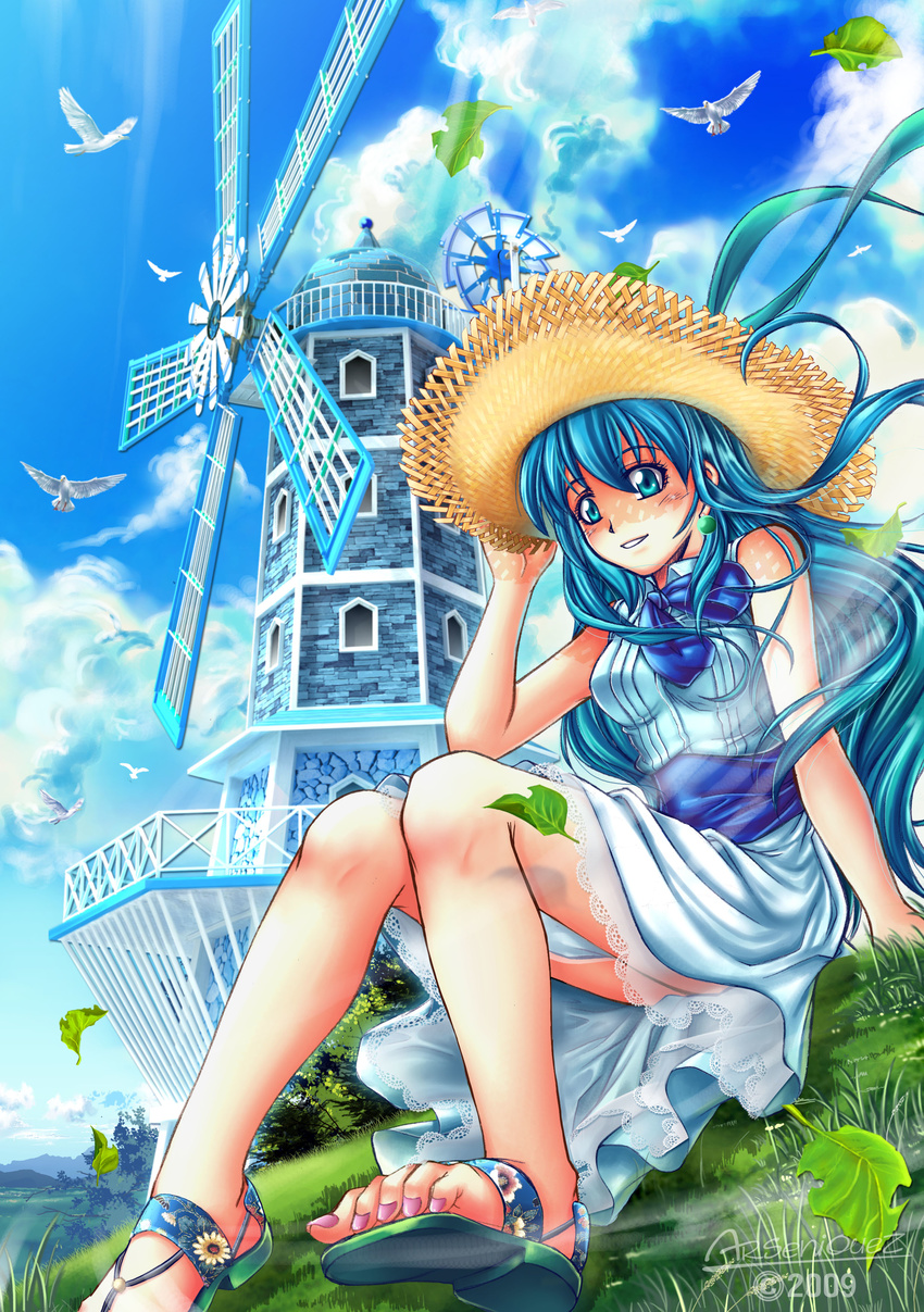 absurdres bird blue_eyes blue_hair bow cloud day dress earrings feet grass hat highres jewelry leaf long_hair nail_polish original ribbon sandals sitting sky solo songwut_ouppakarndee straw_hat toes windmill
