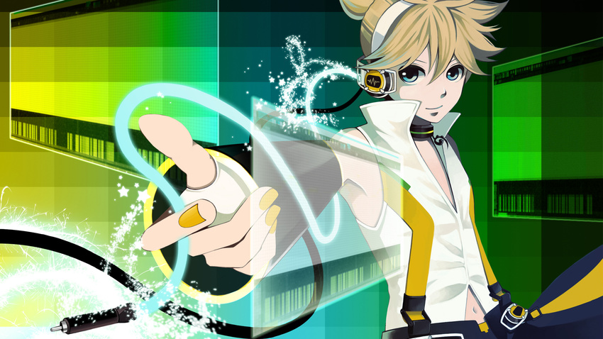arm_gloves arm_warmers blonde_hair blue_eyes boy collar fingerless_gloves gloves headphones highres kagamine_len kagamine_len_(append) len_append male male_focus navel noriko_(ree11190401) outstretched_hand popped_collar rinko_(41r) solo vest vocaloid vocaloid_append