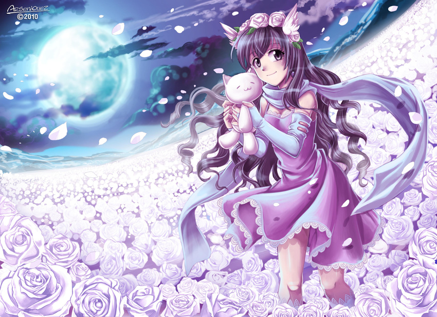 absurdres bridal_gauntlets cloud dress field flower flower_field full_moon head_wings highres moon night night_sky original petals purple_dress purple_eyes purple_hair rose rose_petals shawl sky smile solo songwut_ouppakarndee stuffed_animal stuffed_toy white_flower white_rose