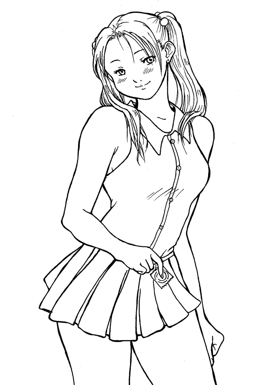 condom hellstinger highres lineart monochrome sketch skirt smile twintails