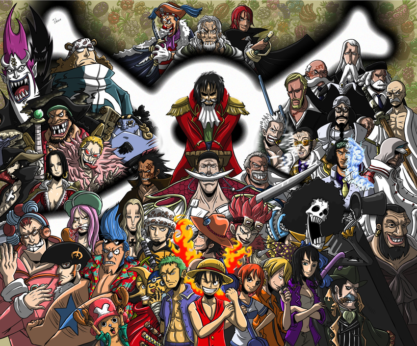 2girls 4girls 6+boys 6boys afro animal_ears anime bald baseball_cap basil_hawkins bear_ears beard blonde_hair blue_hair blue_skin boa_hancock borsalino_(kizaru) brook brown_hair buggy_the_clown cane cane_sword cape capone_gang_bege cigar cigarette cravat crossbones crossed_arms donquixote_doflamingo eating edward_newgate eustass_captain_kid everyone evil_grin evil_smile facial_hair fedora fire food franky freckles glasses goatee gol_d_roger green_hair grey_hair grin hat headphones highres jewelry jewelry_bonney jolly_roger killer kuzan_(aokiji) long_hair male marine marshall_d_teach mask monkey_d_dragon monkey_d_garp monkey_d_luffy multiple_boys multiple_girls muscle mustache nami nami_(one_piece) necklace nico_robin one_piece open_clothes open_shirt orange_hair pink_hair pirate pole polka_dot ponytail portgas_d_ace purple_hair red_eyes red_hair roronoa_zoro sakazuki_(akainu) sanji scar scratchmen_apoo sengoku_(one_piece) shanks shichibukai shirt silvers_rayleigh skeleton smile smoker smoking sogeking straw_hat supernova sword tattoo tony_tony_chopper top_hat trafalgar_law urouge usopp vest weapon white_hair x_drake