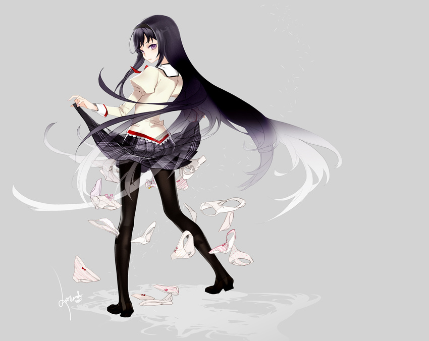 absurdres akemi_homura antenna_(draconian) bakemonogatari black_hair black_legwear bow bow_panties hairband highres long_hair mahou_shoujo_madoka_magica monogatari_(series) multiple_panties panties panties_removed pantyhose parody polka_dot polka_dot_panties puffy_sleeves purple_eyes saitou_chiwa school_uniform seiyuu_connection senjougahara_hitagi senjougahara_pose skirt skirt_lift solo striped striped_panties underwear very_long_hair