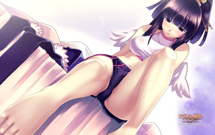 2010 agarest_senki_(series) agarest_senki_zero bare_legs barefoot bed black_eyes black_hair company_name copyright_name crop_top dutch_angle expressionless halterneck highres hirano_katsuyuki logo official_art sayane_(agarest_senki_zero) short_hair shorts sitting solo sweat white_wings wings