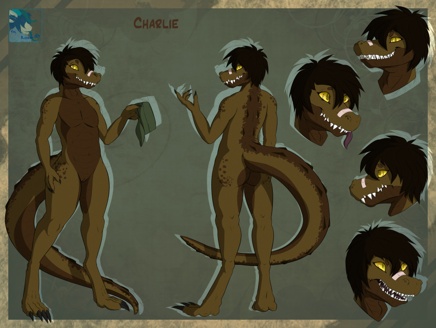 absurd_res anthro bandage bandage_on_nose brown_hair brown_scales butt charlie claws crocodilian digitigrade female flat_chested green_scales hair hat hi_res lizard model_sheet nude pussy reptile scales scalie sharp_teeth short_hair smile solo teeth toe_claws tomboy tongue tongue_out vailelir yellow_eyes