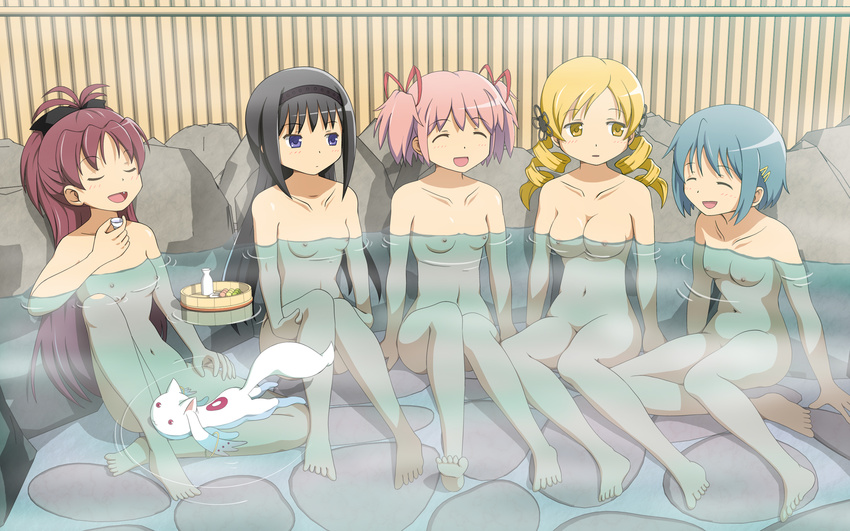 akemi_homura alcohol bathhouse censored closed_eyes convenient_censoring drill_hair fang highres hiraizumi_(mugenkidousha) kaname_madoka kyubey mahou_shoujo_madoka_magica miki_sayaka multiple_girls nude sake sakura_kyouko sitting tomoe_mami water