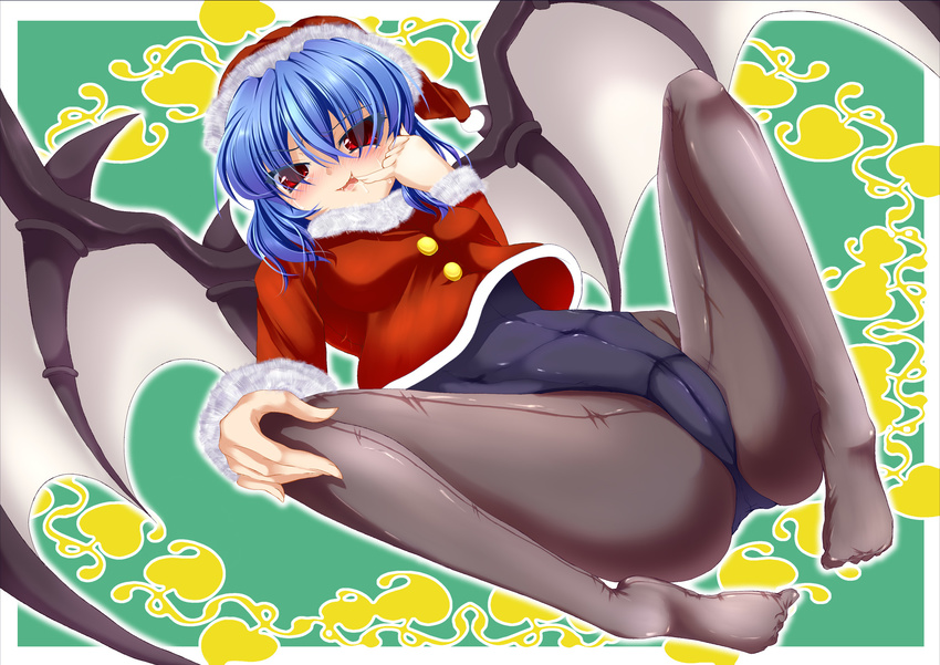 black_legwear blue_hair fangs hat highres negamaro pantyhose pantyhose_under_swimsuit red_eyes remilia_scarlet santa_costume santa_hat school_swimsuit short_hair solo spread_legs swimsuit swimsuit_under_clothes tongue touhou wings