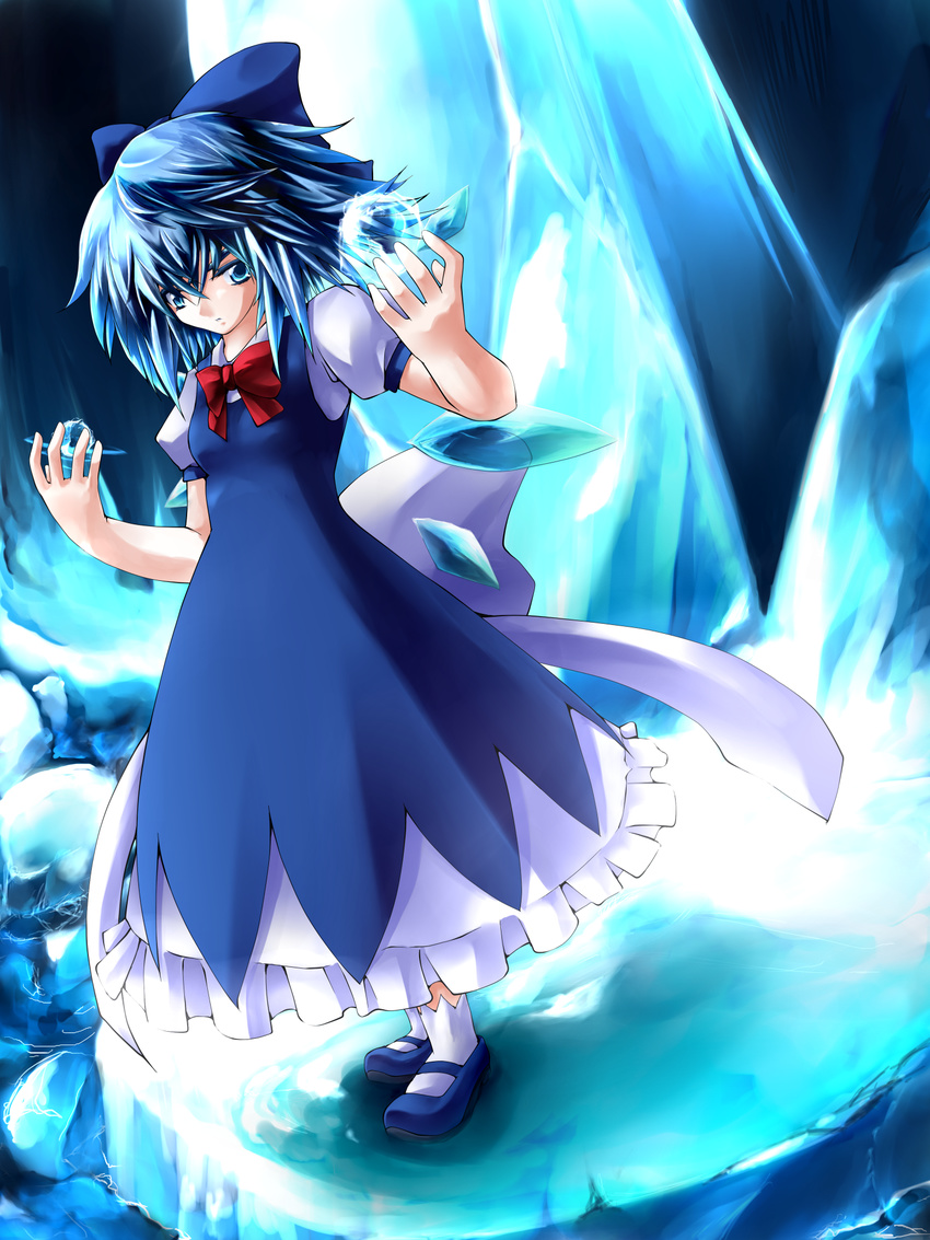 blue_eyes blue_hair bow cirno dress hair_bow highres ice shiromiza_kana solo touhou wings