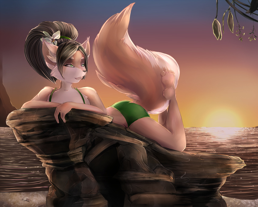 beach canine coffinberry cornelius_(commissioner) dark_hair female flower_in_hair green_eyes ninu_kenage seaside solo sunset swimsuit vixen