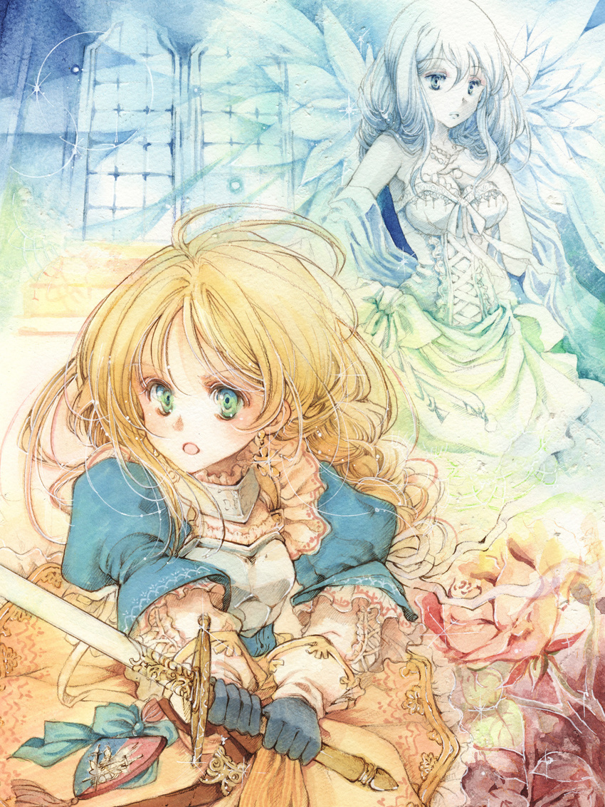 angel angel_wings armor blonde_hair blue_eyes blue_hair braid dress flower gloves green_eyes highres long_hair multiple_girls original pink_flower pink_rose rose senkyoushi_gondolf sword warrior weapon wings