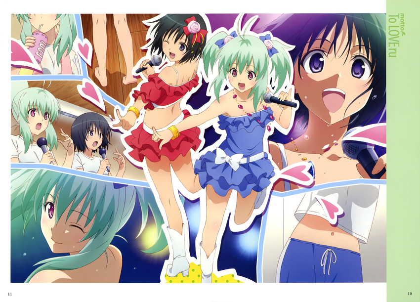 absurdres antenna_hair black_eyes black_hair boots feet green_hair highres kirisaki_kyouko_(toloveru) legs microphone multiple_girls non-web_source one_eye_closed open_mouth pink_eyes pointing run_elsie_jewelria short_twintails to_love-ru twintails