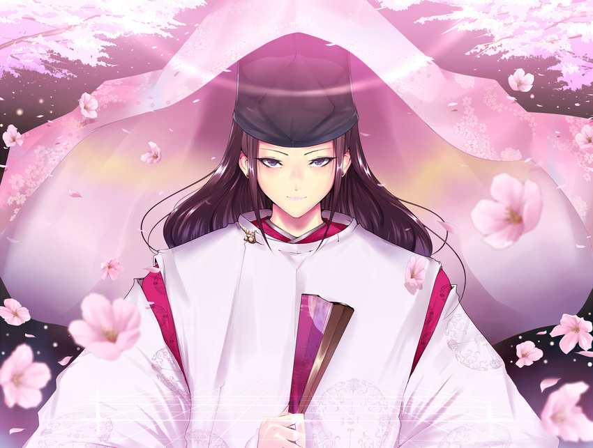 androgynous black_hair blurry cherry_blossoms depth_of_field earrings fan flower folding_fan fujiwara_no_sai hat hikaru_no_go japanese_clothes jewelry kariginu kasai_shin long_hair male_focus petals solo tate_eboshi