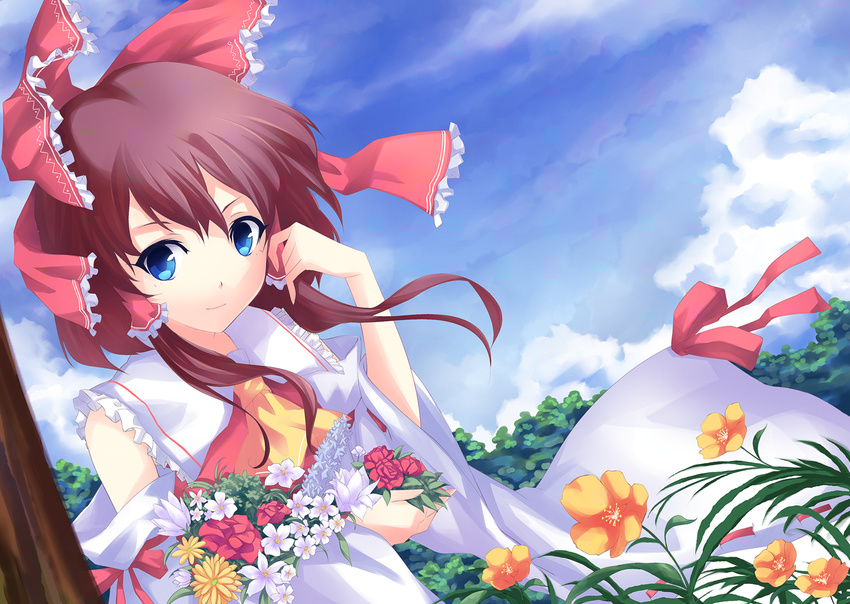 ascot blue_eyes bow brown_hair detached_sleeves flower hair_bow hakurei_reimu short_hair solo touhou vinashyra