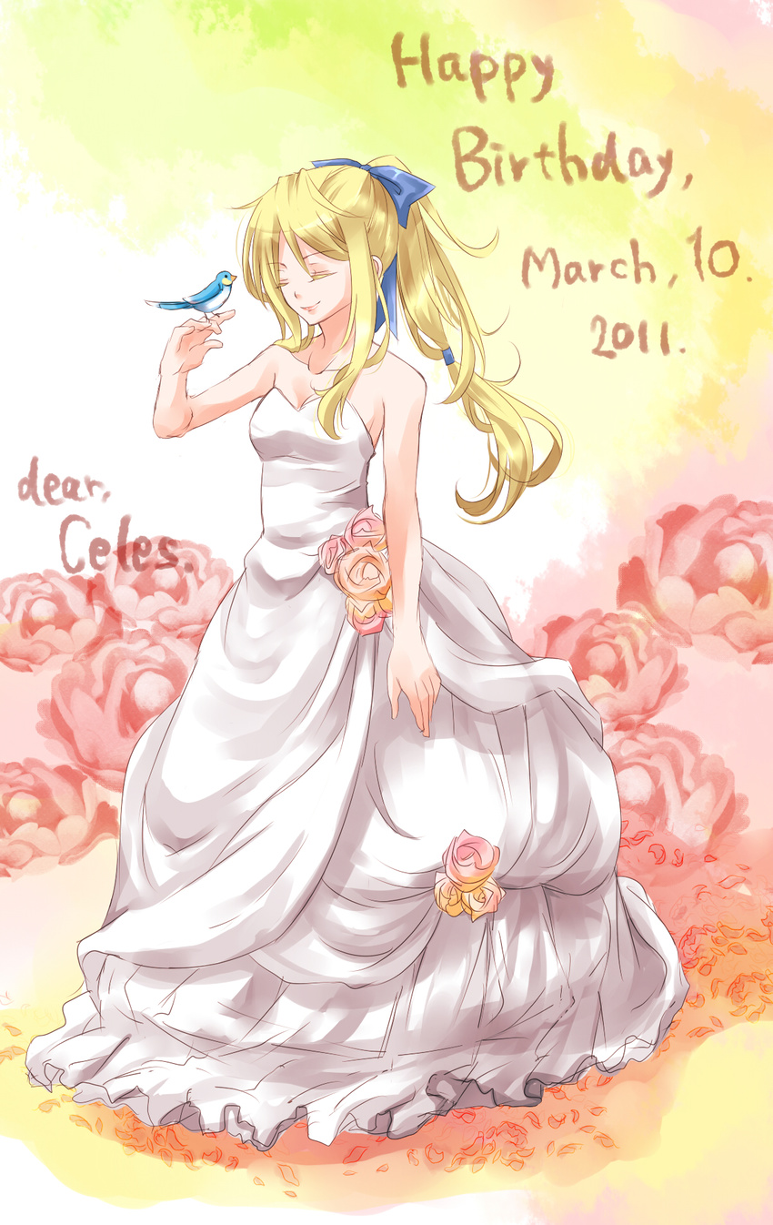 bare_shoulders bird bird_on_hand blonde_hair bow celes_chere character_name closed_eyes dress final_fantasy final_fantasy_vi flower ginshachi hair_bow happy_birthday high_ponytail highres long_hair multicolored multicolored_rose pink_flower pink_rose ponytail rose smile yellow_flower yellow_rose