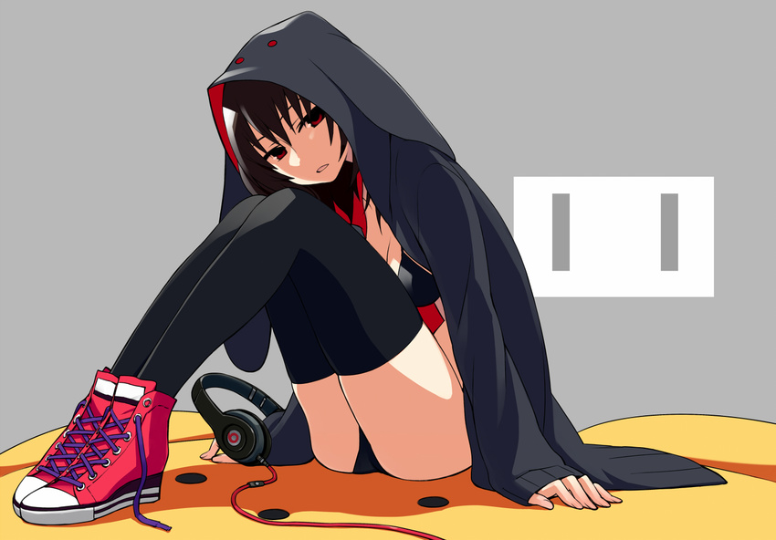 animal_hood ass beats_by_dr._dre bikini black_hair brown_hair chan_co darth_wooser full_body headphones hood hoodie legs_together long_hair original product_placement red_eyes shoes sitting sneakers solo swimsuit thighhighs untied