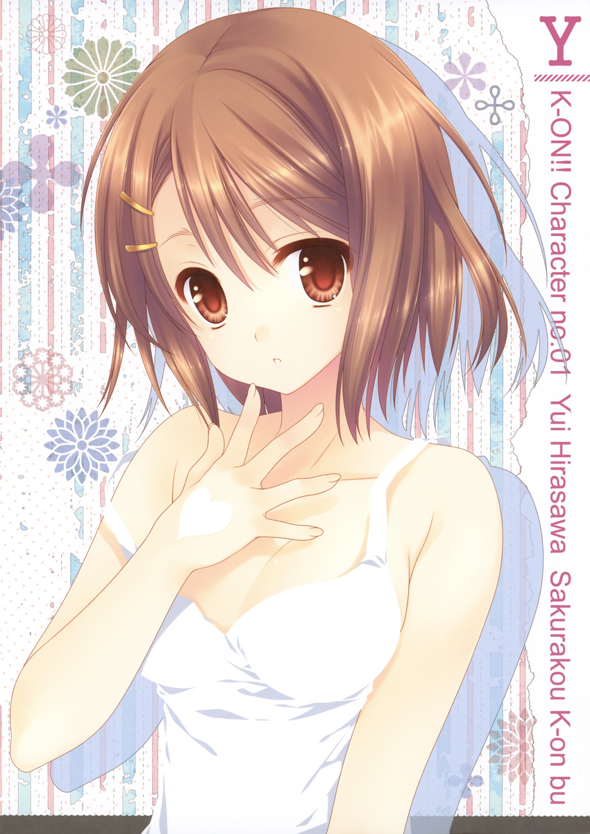 absurdres bare_shoulders breasts brown_eyes brown_hair cleavage dress hair_ornament hairclip highres hirasawa_yui k-on! medium_breasts open_mouth scan short_hair solo white_dress wnb_mark