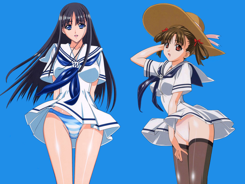 black_hair blue blue_eyes brown_hair hat jpeg_artifacts long_hair mizushima_asa panties red_eyes ribbons seifuku sora_no_iro_mizu_no_iro sorayama_natsume striped_panties tagme thighhighs underwear