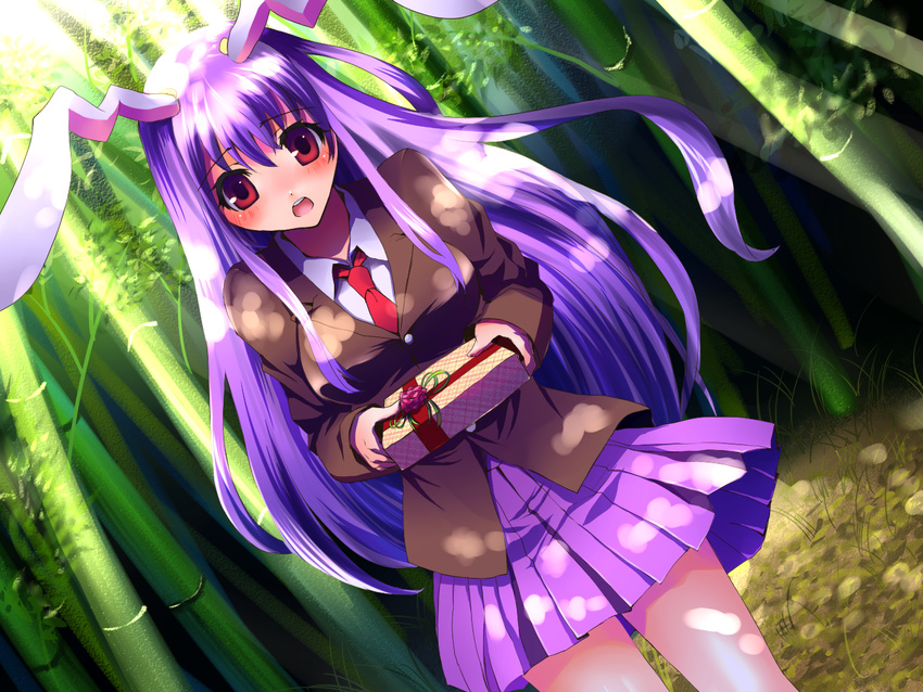 animal_ears bad_id bad_pixiv_id bamboo bamboo_forest blazer blush bunny_ears dutch_angle forest gift holding holding_gift incoming_gift jacket kobanzame long_hair nature necktie purple_hair red_eyes red_neckwear reisen_udongein_inaba skirt solo touhou valentine very_long_hair