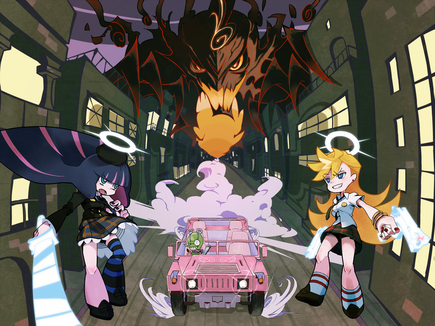 bad_id bad_pixiv_id beret blonde_hair bracelet building car chuck_(psg) ghost_(psg) ground_vehicle gun halo hat highres hummer jewelry motor_vehicle multicolored_hair multiple_girls necktie official_style panty_&amp;_stocking_with_garterbelt panty_(psg) school_uniform see-through_(psg) single_thighhigh skirt socks stocking_(psg) sword thighhighs tt_(poposujp) two-tone_hair weapon