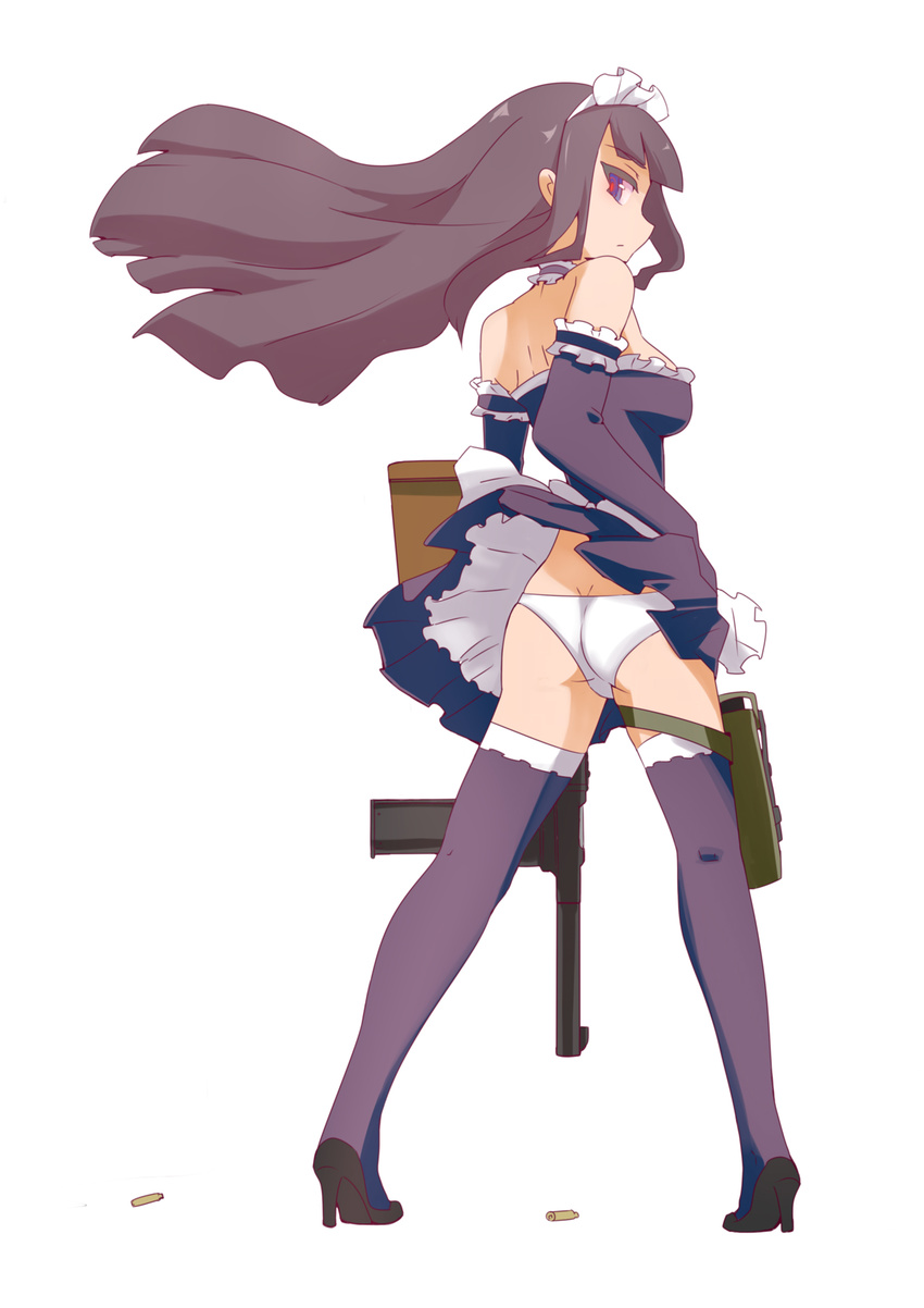 apron arm_garter ass back bangs bare_shoulders blunt_bangs breasts butt_crack choker dress dress_lift elbow_gloves frills from_behind full_body gloves grey_hair gun high_heels highres holding holster long_hair looking_at_viewer looking_back maid maid_headdress medium_breasts multicolored multicolored_eyes original panties pantyshot pleated_skirt purple_eyes purple_legwear red_eyes rifle sharekoube shell_casing shoes short_dress sideboob simple_background skirt solo submachine_gun thigh_holster thighhighs underwear waist_apron weapon white_panties wind wind_lift