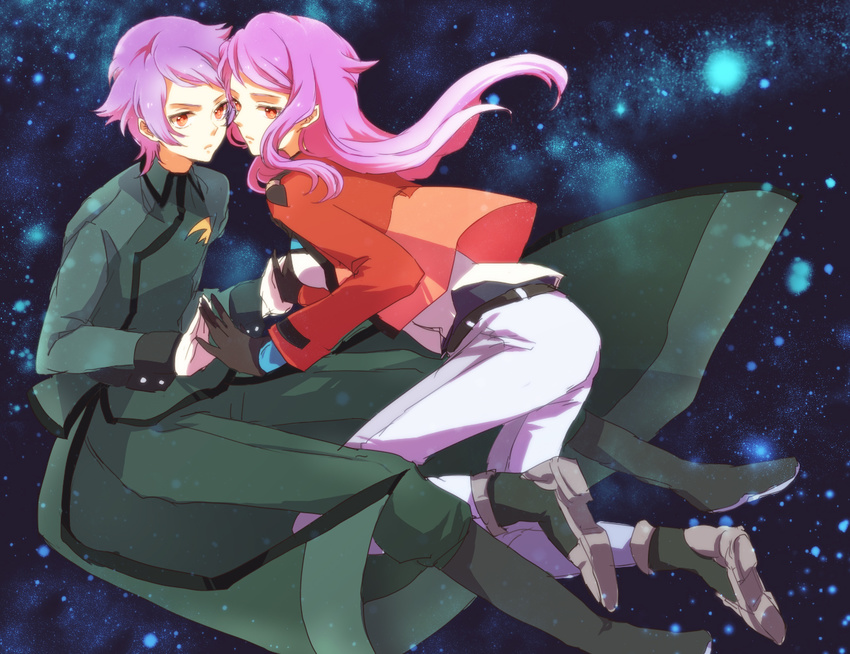 1girl anew_returner bad_id bad_pixiv_id celestial_being_uniform gloves gundam gundam_00 holding_hands innovator jacket long_hair purple_hair red_eyes revive_revival short_hair yy888s