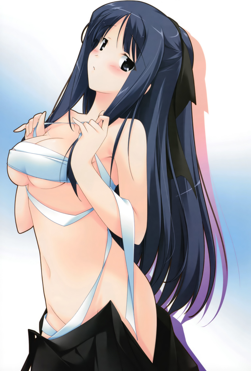 absurdres black_eyes blue_hair blush breasts cleavage fujiwara_warawara highres hiinoki_suzuri long_hair medium_breasts no_panties ponytail sarashi shirokuma_bellstars solo underboob undressing