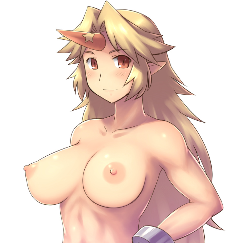 aaaa blonde_hair blush breasts breasts_apart highres horn hoshiguma_yuugi large_breasts long_hair nipples nude pointy_ears red_eyes smile solo toned touhou upper_body