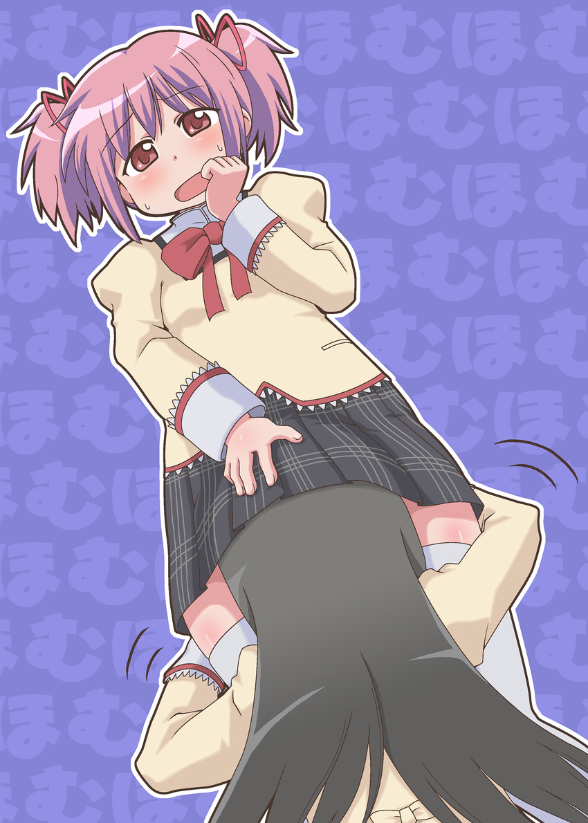 akemi_homura black_hair blush female_pervert hair_ribbon highres homu kaname_madoka ki_(adotadot) long_hair mahou_shoujo_madoka_magica mitakihara_school_uniform multiple_girls pervert pink_hair plaid ribbon school_uniform short_hair short_twintails skirt thighhighs twintails under_skirt yuri