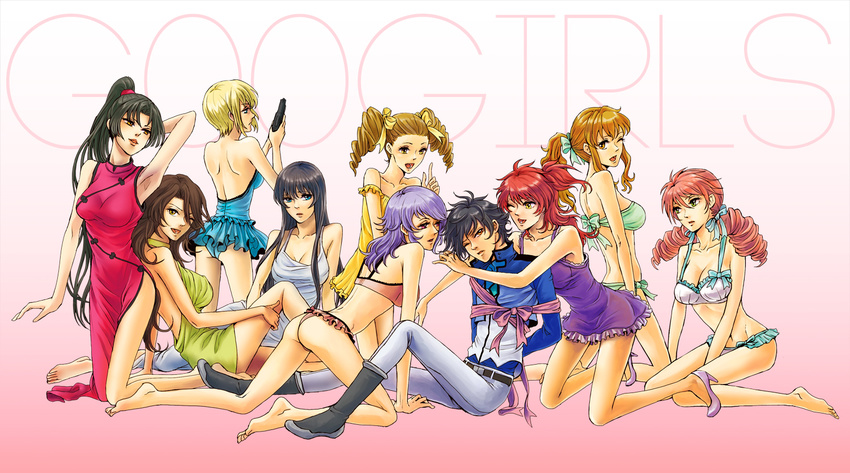 anew_returner barefoot belt bikini black_hair bound breasts brown_eyes brown_hair celestial_being_uniform china_dress chinese_clothes christina_sierra cleavage dress drill_hair feldt_grace green_eyes gun gundam gundam_00 handgun harem jacket kneeling looking_back lottalove louise_halevy marina_ismail medium_breasts mileina_vashti multiple_girls nena_trinity one_eye_closed ponytail purple_hair red_hair setsuna_f_seiei side_ponytail sumeragi_lee_noriega swimsuit tied_up twintails wang_liu_mei weapon