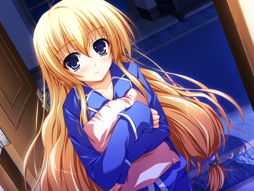 akatsuki_no_goei blonde_hair blue_eyes game_cg kurayashiki_tae long_hair pajamas tomose_shunsaku