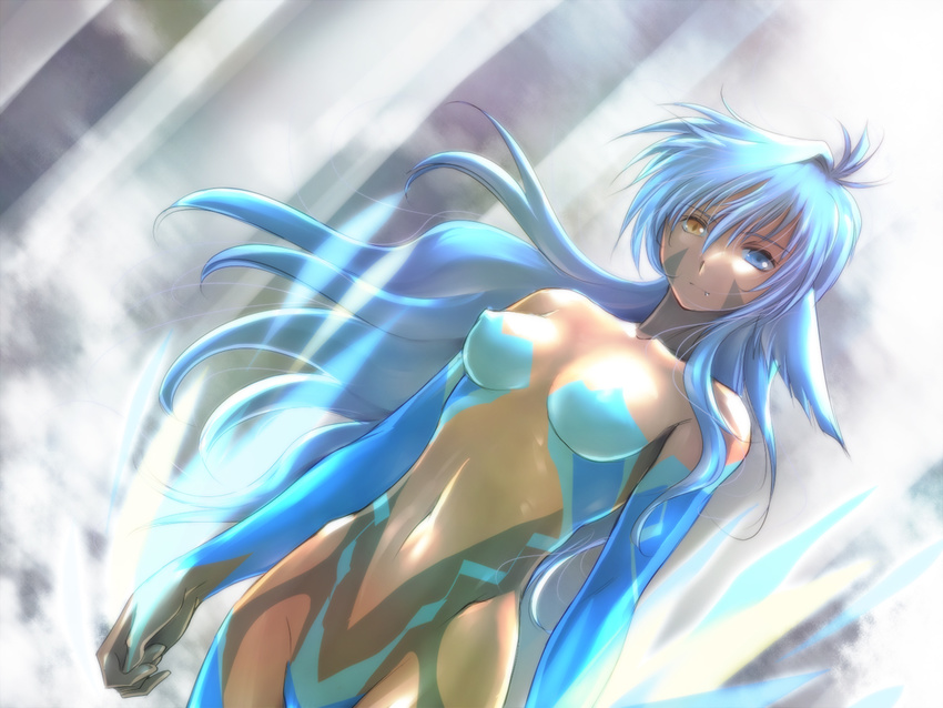 animal_ears blue_eyes blue_hair bodypaint bodysuit breasts fang follower_(yagisaka_seto) heterochromia large_breasts lights long_hair original solo very_long_hair yagisaka_seto yellow_eyes