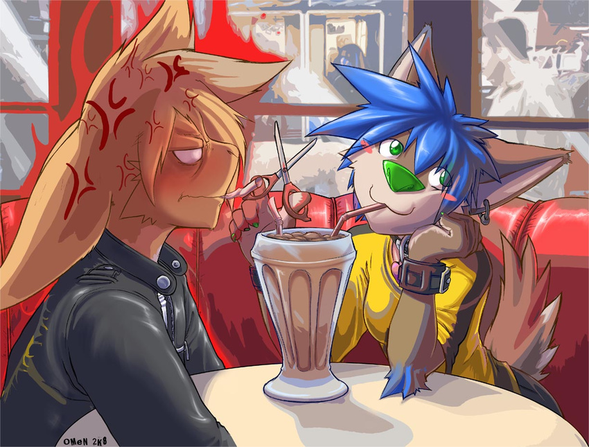 0r0 0r0ch1 :3 angry anime_anger_marks blue_hair blush canine couple cute diner dingo dog ear_piercing earring female hair innocent lagomorph male milkshake piercing rabbit scissors seel_dingo straw