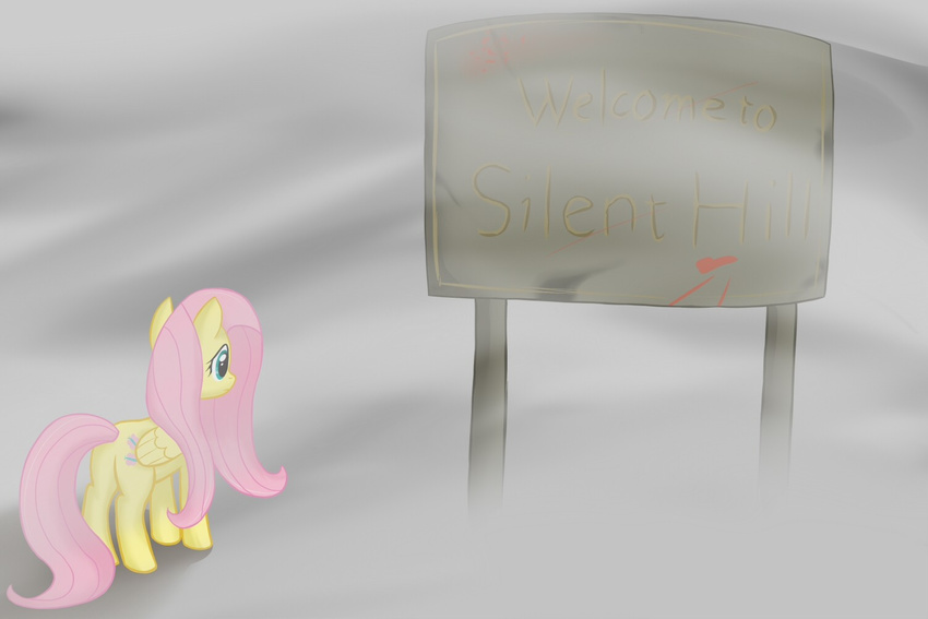 blue_eyes crossover cutie_mark equine female feral fluttershy_(mlp) fog friendship_is_magic hair horse mammal my_little_pony pegasus pink_hair pony signpost silent_hill solo turn_back uhoh unknown_artist video_games wings