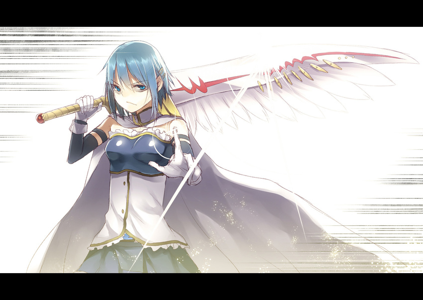 bad_id bad_pixiv_id beet_the_vandel_buster blue_eyes blue_hair cape gloves highres kakei letterboxed mahou_shoujo_madoka_magica miki_sayaka short_hair solo sword weapon