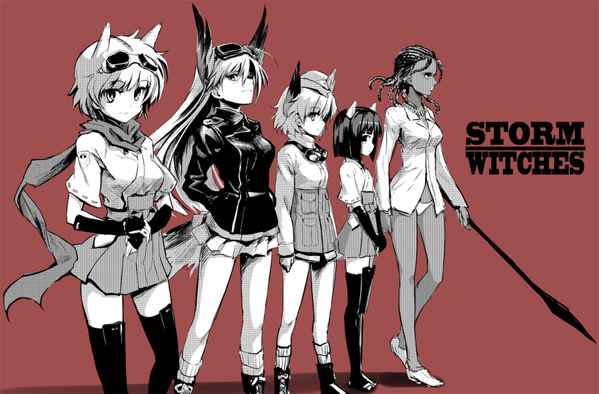 5girls animal_ears dark_skin goggles goggles_on_head group_picture group_profile hairlocs hanna-justina_marseille hat head_wings iinuma_toshinori inagaki_mami japanese_clothes katou_keiko lineup matilda_(world_witches_series) military military_uniform monochrome multiple_girls panties polearm profile raisa_pottgen red_background simple_background spear thighhighs underwear uniform weapon world_witches_series