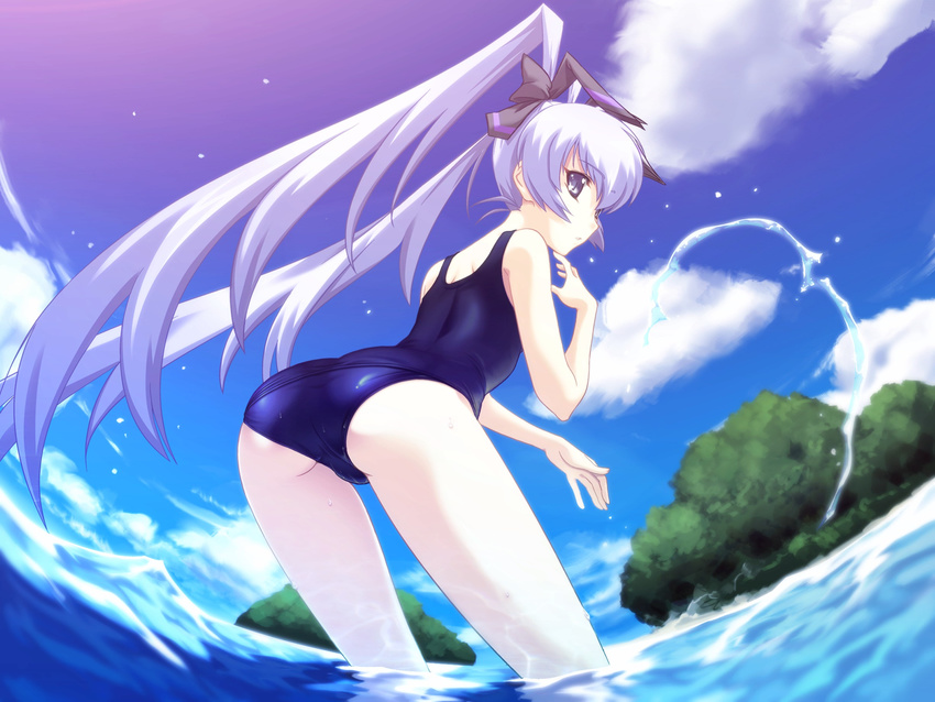 ass bent_over blue_eyes blue_hair bou cloud day game_cg highres long_hair looking_back muvluv muvluv_altered_fable one-piece_swimsuit ribbon school_swimsuit sky solo splashing swimsuit twintails very_long_hair wading water white_hair yashiro_kasumi