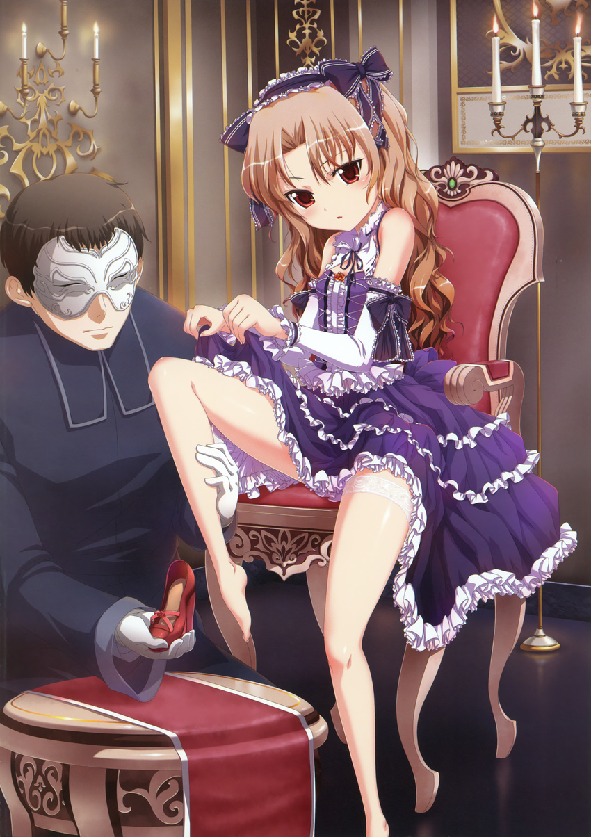 19 19_(kaitou19) 1boy 1girl absurdres bare_legs bare_shoulders barefoot blush bow brown_eyes brown_hair chair detached_sleeves dress dress_lift feet flat_chest frills headdress high_heels highres kneeling lolita_fashion long_hair looking_at_viewer mask original shoes sitting stool wavy_hair